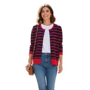 Lands' End Navy Red Striped Supima Cotton Nautical Cardigan Sweater Size L